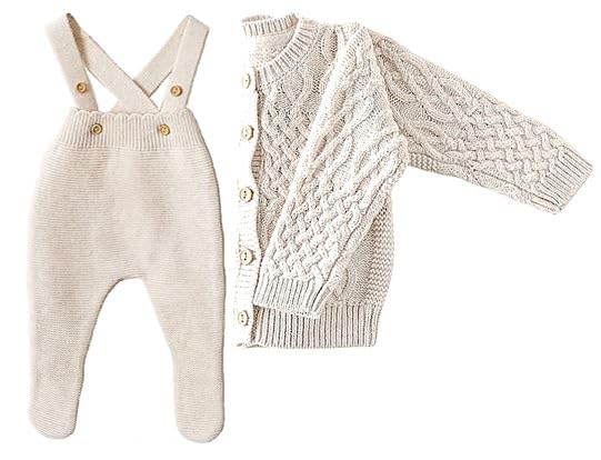 Image of 2-Piece Set, Cable Knit Cardigan and Knit Overall in Oatmeal Color, Organic Cotton 0-3 Months
