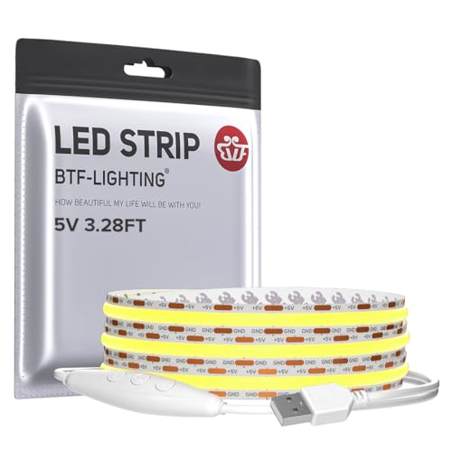Image of BTF-LIGHTING 5V USB COB LED Strip Lights Super Bright Dimmable LED Tape Light,Warm White 2700K 3.28FT Flexible Light Strip with Strong 3M Tape for 3D Printer,TV Backlight,Cabinet,Home Lighting