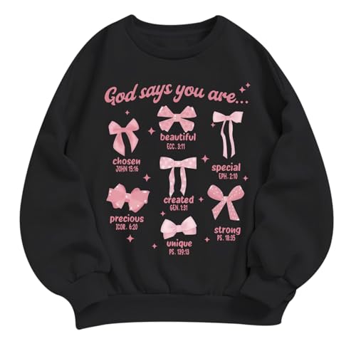 KEEVICI Cute Girls Bow Graphic Sweatshirt Christian Hoodies For Kids God Kawaii Hoodie Letter Pullover Long Sleeve Shirts Top(Black,150)