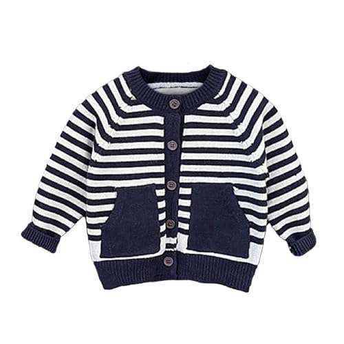 Image of Baby Boy Girl Cardigan Knit Striped Round Neck Button Pockets Sweater
