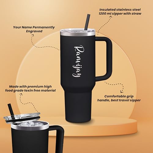 Image of SAVRI Customized Tumbler with Name, 1200 ML Stainless Steel Travel Mug with Straw, Lid & Handle, Personalised Sipper Water Bottle for Women, Men & Girls,Anniversary, Birthday Gift for Office & Gym Use