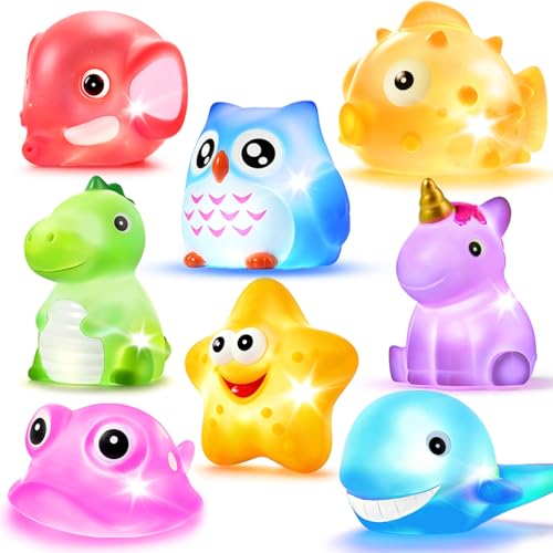 Image of Bath Toys, 8 Pcs Light Up Floating Rubber Animal Toys Set, Flashing Color Changing Light in Water, Baby Infants Kids Toddler Child Preschool Bathtub Bathroom Shower Games Swimming Pool Party