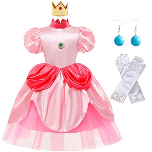 Deleventh Princesse Peach Déguisement Robe et Couronne Fille Rose Robe de Soirée avec Boucles d'oreilles Gants Accessoires Cosplay Carnaval Halloween Party Dress Up Outfit pour Enfant Cadeaux