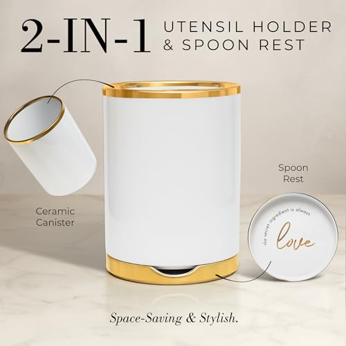 Image of 8 Piece White and Gold Kitchen Utensils - White Silicone Cooking Utensils Set, Ceramic Utensil Holder & Stackable Gold Spoon Rest -Nonstick, Non-Toxic, Heat Resistant, Luxury Kitchen Accessories