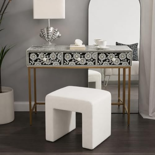 Image of Kundi Modern Boucle Vanity Stool Chair with Wooden Legs - Soft Ottoman Footstool for Makeup Room, Living Room, Entryway & Office (White) (White)