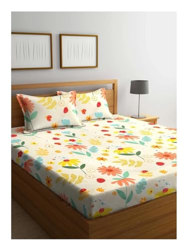 Image of 240 TC Cotton Feel Glace Cotton Elastic Fitted Printed King Size Double Bed Bedsheet with 2 Pillow Covers and Fits Upto 4-6 inches Mattress, Size- 72 inchx78 inch(Cream)
