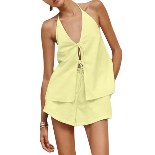 Image of ROAONOCOMO Women Tie Front Shorts Set V Neck Halter Cami Top Y2K 2 Piece Pj Set Graphic Summer Beach Lounge Outfit