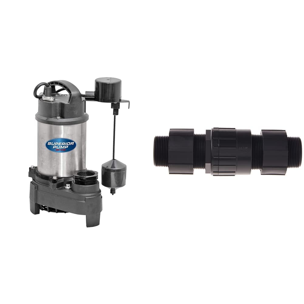 Photo 1 of Superior Pump 92151 1 HP Cast Iron Sump Pump Side Discharge with Vertical Float Switch & 99555 Universal Check Valve, Plastic, Fits all 1-1/4-Inch or 1-1/2-Inch MIP or FIP 1 HP Vertical Switch Sump Pump + Valve