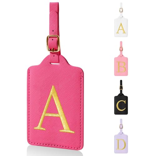 Personalized Initial Luggage Tags for Suitcases Leather Letter Cute Luggage Tags with Privacy Name Card Embroidered Monogrammed Travel Bag Backpack Tag Gifts for Women Kids Girls Teens(Rosered-A)