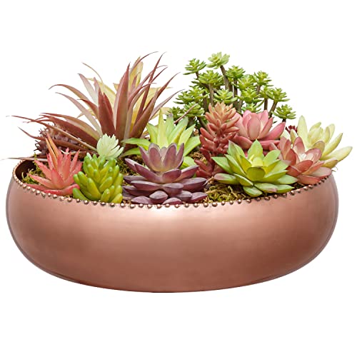 Mygift 11-Inch Metallic Copper Toned Metal Round Planter Bowl With Pebbled Rim, Shallow Bowl Succulent Pot - Handcrafted In India #TOP26