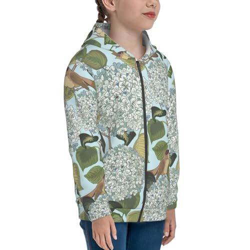Hydrangea and Small Bird Kids Pullover Hoodies Boys Zip Up Sweatshirts Girls Athletic Clothes with Pocket4