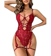 COZYEASE Women's Lace Lingerie Bodysuit Floral Lace Criss Cross Teddy Babydoll Lingerie Set with ...