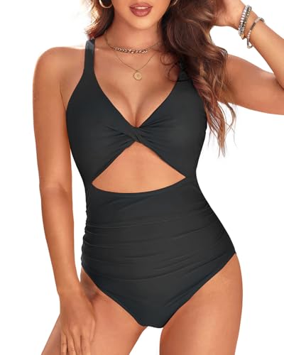 Image of Tempt Me Women One Piece Swimsuits Tummy Control Cutout Bathing Suits Ruched V Neck Twist Front Swimwear
