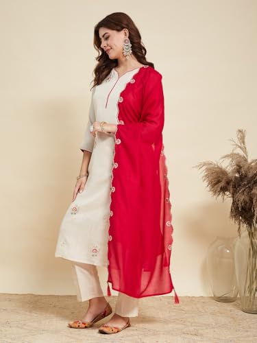 Image of MOKOSH Women's Silk Embroidery Kurta Pant with Dupatta | Kurta Set | Sweetheart Neck | 3 Piece Outfit | 3 /4 Sleeve Ethnic Suit