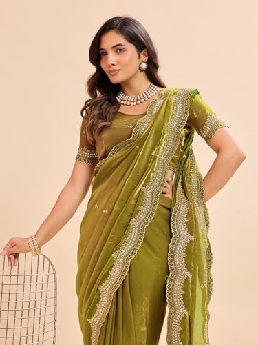 Image of Embellished Embroidered Pure Chiffon Heavy Work Saree