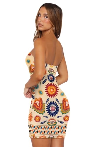 Image of OFEEFAN Summer Dresses for Women 2025 Strapless Ruched Party Club Bodycon Mini Dress