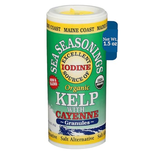 Maine Coast Sea Vegetables Kelp Granules with Cayenne Shaker | Organic Seaweed | Low Sodium Salt Alternative | Rich in Iodine | Ideal for Soups, Salads, Cooking | 1.5 oz (Pack of 1)