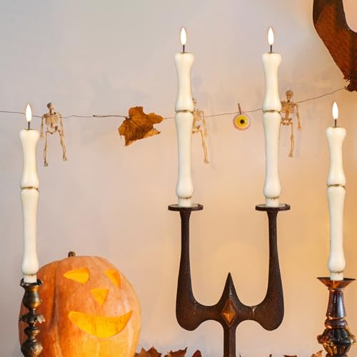 Image of Halloween Flameless Taper Candles with 6H Timer, 2 Pcs Hand-Painted Bone Sculpture Shape LED Candlesticks with 3D Flickering Flame for Home Fall Indoor Halloween Decor(0.78 x 11.6 Inches)