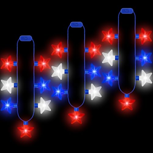 4th of July Necklace Accessories 3PCS Fourth of July Light up Necklaces 250th Anniversary Patriotic Independence Day 7 Bulb Red Blue White Stars Necklaces for Memorial Day Parades Party Favors
