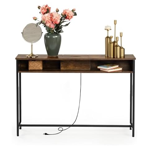 FurnitureR Narrow Console Table with Charging Station Cover