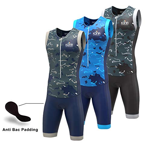 KONA Fato de corrida masculino Assault Triathlon – Macacão sem mangas acolchoado para ciclismo, Camu