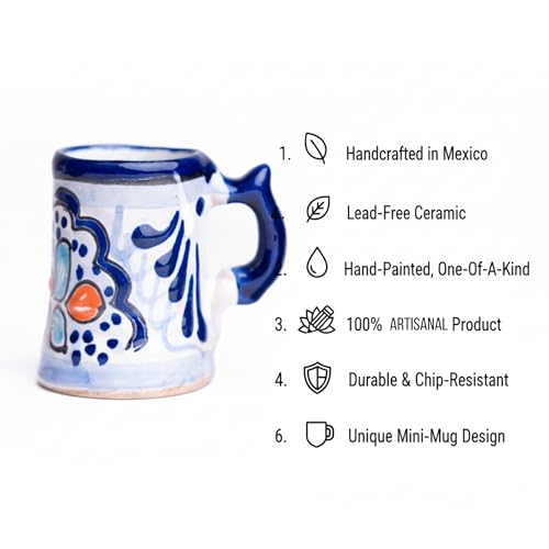 Image of Talavera Shot Glasses Set of 4 Authentic Mexican Tequila Shot Glasses - Hand-painted - 2 Oz (Handle - Blue Floral)