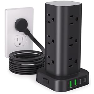 Power Strip Tower with Multiple Outlets, Flat Plug Surge Protector Tower Extension Cord with 12 AC Outlets 4 USB Ports (2 USB C), 10FT Cord Power Tower Surge Protector for Home Office Dorm Room, Black