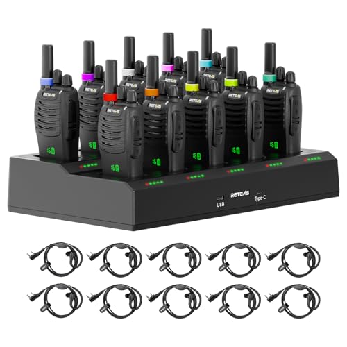 Retevis H777H Walkie Talkie with Display, Walkies con Cargador de 10 Vías, Recargable Walkie-Talkie USB-C, PMR446 Radio Profesional de Dos Vías con Auricular para Seguridad, Comercial (Negro, 10Pcs)