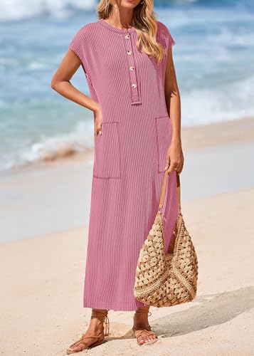 Image of KIRUNDO Womens Summer Ribbed Knit Short Sleeve Maxi Dress | 2026 Spring Henley Button Up Knitted Tshirt Dress, Loose Beach Vacation Sundress, Teacher Dress, Loose Fit Nursing Friendly