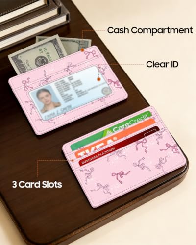 Image of FINTIE Slim Minimalist Front Pocket Wallet, RFID Blocking Credit Card Holder Card Cases with ID Window for Men Women (Pink Bow)