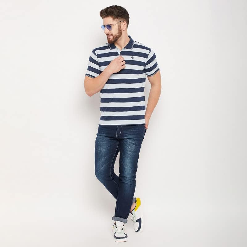 Image of Cantabil T-Shirt for Men l Breathable & Soft with Color Fastness Regular Fit Polo Neck Cotton Blend Fabric Striped Pattern
