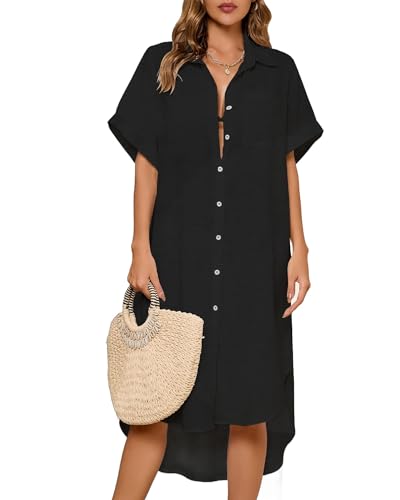 Bsubseach Frauen Button Down Shirt Badeanzug Cover Up Strand Coverup Bluse Tunika Kleid Schwarz S