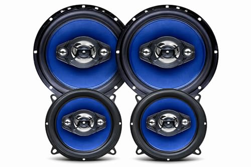 Kit com quatro alto-falantes automotivos Orion, sendo dois de 6 polegadas e dois de 5 polegadas, com cones azuis e acabamento preto, dispostos sobre fundo branco.