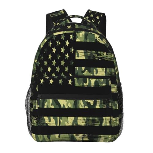 Camouflage Green Camo American Flag Lightweight Backpack Travel Casual Bags for Women or Men 15.7 Inches
