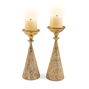 Farmhouse Gold Candle Holders for Pillar Candles, Metal Distressed Set of 2 Retro Flower Design Pillar Candle Stand Dual Use, Can be Vase Table Centerpiece Decor for Fireplace, Living, and Dining Room