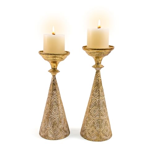 Farmhouse Gold Candle Holders for Pillar Candles, Metal Distressed Set of 2 Retro Flower Design Pillar Candle Stand Dual Use, Can be Vase Table Centerpiece Decor for Fireplace, Living, and Dining Room