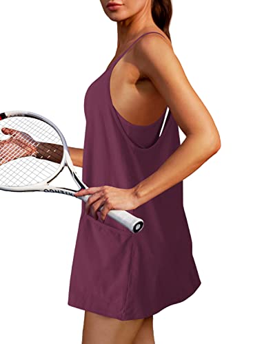 Nirovien Womens Sleeveless Tennis Dress With Shorts V Neck 2Pcs Sets Athletic Workout Mini Dresses(Purple Red,S) #TOP1