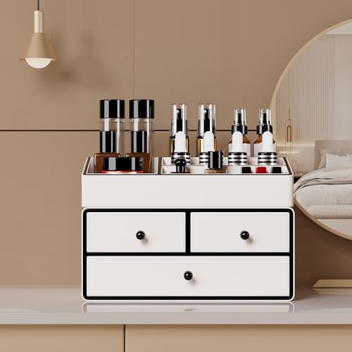 GORESE Leather Makeup Organizer with Drawers for Vanity, Stackable Skincare Holder Dresser Organizer Countertop, Make Up Storage Organizers Counter Cosmetic Display Case Gifts for Women(Cream White) by GORESE - Image 7