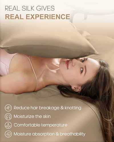Image of THXSILK Set of 2 100% Mulberry Silk Pillowcase for Hair and Skin Health, 22 Momme Soft and Smooth Pillowcases with Hidden Zipper, Both Sides Premium Grade 6A+ Silk, Standard 20 inchx26 inch, Taupe