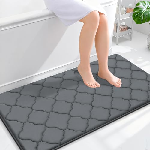 OLANLY Memory Foam Bath Mat Rug 44x24, Ultra Soft and Absorbent Bathroom Rugs, Non-Slip, Comfortable, Machine Washable Bath Carpet for Bathroom Floor, Tub, Shower and Home Decor Accessories, Dark Grey