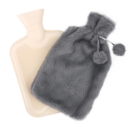 talifoca Bolsa de Agua Caliente de 2L, Botellas de Agua Caliente con Suave Felpa Funda, Borsa Acqua Calda, per Mano e Piedi caldi e Sollievo dal Dolore, Gris
