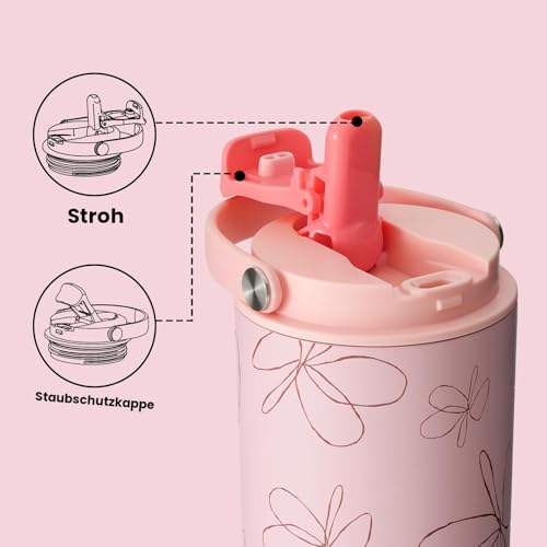 BOTTLE BOTTLE Thermobecher mit Strohhalm und Griff für Schule, Auto, Sport, Zuhause, Büro, Reisebecher, 760 ml (Blume) 4