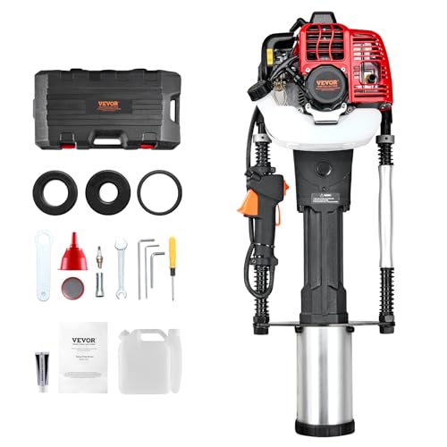 VEVOR 52cc Gas-Powered T Post Driver, 2-Stroke Engine Gasoline Fence Piling Pounder, 1300W Portable Piledriver with 3 Post Driving Head(49/69/100 mm), For Farm, Ranch Fencing, Road Improvements