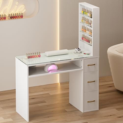 Paddie Manicure Table for Nail Tech with Drawers, Glass Top Nail Desk Station w/Storage Shelves, Wrist Cushion, Golden Handles, Spa Beauty Salon Workstation (White)