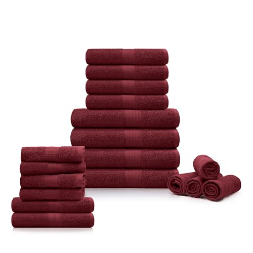 Image of LANE LINEN 100% Mercerized Cotton Luxury Bathroom Towels Set - 18 Pieces - Ring Spun Technology - 4 Bath, 8 Washcloths, 6 Hand Towels - Remains Soft & Absorbent Even After Multiple Washes - Burgundy