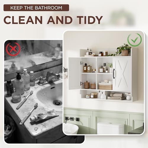Image of FiveWillowise White Bathroom Wall Cabinet, Wall Mount Storage Cabinet, Floating Medicine Cabinet with 5 Open Shelves and 2 Deep Cabinets Over The Toilet for Laundry Room, Kitchen