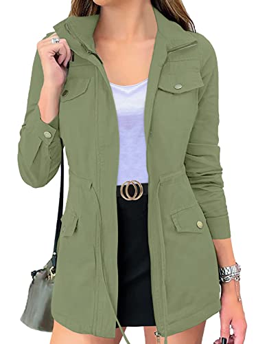 Merokeety Womens Fall Fashion Utility Cargo Jacket Casual Drawstring Waist Army Jacket With Pockets, Green, L #TOP15