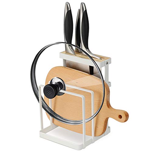 Metal Knife Block with Cutting Board Rack, Kitchen Knife Holder Universal with Drainboard,Drying Stand Large Capacity Knife Rack with Chopper Holder,White