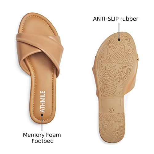 Athmile Sandals Women Dressy Summer Flat Comfortable Fashion Beach Cute Ladies Slides Leather Casual Dress Women'S Sandals 2024 Nude Size 8 thumb #3