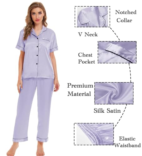 Image of SWOMOG Women Satin Pajamas Set Short Sleeve Top & Pants Sleepwear Silky Button Down Nightwear 2pcs Loungewear Pjs Set